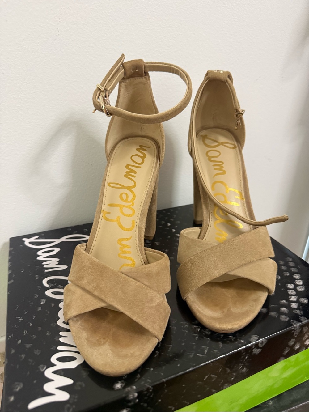 Sam Edelman Beige Suede Crisscross Block Heel Sandals